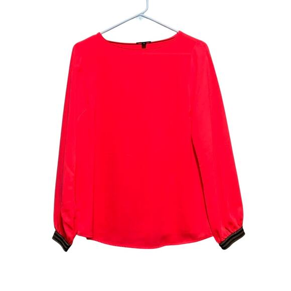 Stella & Dot Tops - Stella & Dot Soiree Neon Orange Coral Blouse Metallic Striped Cuffs Women's M